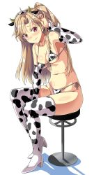 Rule 34 | 1girl, alternate costume, animal ears, animal print, arm warmers, azur lane, bar stool, bikini, blonde hair, blush, boots, breasts, cleveland (azur lane), closed mouth, collarbone, cow ears, cow horns, cow print, cow print bikini, fake animal ears, front-tie top, full body, hairband, high heel boots, high heels, highres, horns, looking at viewer, macaroni hourensou, navel, one side up, ponytail, print bikini, print footwear, red eyes, side-tie bikini bottom, sitting, small breasts, solo, stool, swimsuit, thigh boots, thighhighs