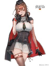 Rule 34 | 1girl, alternate costume, black gloves, black neckwear, blunt bangs, braid, breasts, brown eyes, brown hair, brown thighhighs, cape, character name, corset, dated, dsr-50 (girls&#039; frontline), finger to mouth, french braid, garrison cap, girls&#039; frontline, gloves, hair ornament, hat, highres, large breasts, long hair, miniskirt, pouch, single thighhigh, skirt, solo, thigh strap, thighhighs, twitter username, very long hair, white background, white skirt, xia oekaki