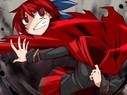 Rule 34 | 1girl, black shirt, blue bow, bow, cape, clenched teeth, disembodied head, grin, hair bow, hemogurobin a1c, long sleeves, red eyes, red hair, red skirt, sekibanki, shirt, skirt, smile, solo, teeth, touhou