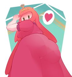 Rule 34 | 1girl, adventure time, ass, blush, breasts, colored skin, dabble, dress, feet, from behind, from below, heart, highres, huge ass, large breasts, long hair, looking back, motion lines, pantylines, pink dress, pink hair, pink skin, princess bonnibel bubblegum, solo, spoken heart, thick thighs, thighs, tiara, white background, wide hips