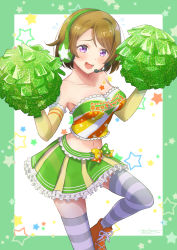 Rule 34 | 1girl, absurdres, artist name, artist request, bare shoulders, blush, border, bow, breasts, brown hair, cheerleader, cleavage, clothes writing, collarbone, elbow gloves, female focus, fingerless gloves, frilled skirt, frills, gloves, green border, green skirt, grey thighhighs, hair between eyes, headphones, headset, highres, holding, holding pom poms, koizumi hanayo, looking at viewer, love live!, love live! school idol festival, love live! school idol project, medium breasts, midriff, miniskirt, multicolored bow, orange footwear, paradise live, parted lips, plaid, plaid skirt, pleated, pleated skirt, pom pom (cheerleading), pom poms, purple eyes, roller skates, shirt, shoes, short hair, skates, skirt, smile, solo, standing, standing on one leg, star (symbol), star print, strapless, striped clothes, striped thighhighs, swept bangs, takaramonozu, thighhighs, tube top, white background, white thighhighs, yellow gloves, yellow sleeves