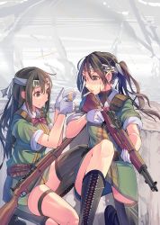 Rule 34 | 2girls, black eyes, black hair, blood, boots, brown hair, chikuma (kancolle), cigarette, clothes writing, cross-laced footwear, daito, dress, gloves, gun, hair between eyes, hair ribbon, headband, jacket, kantai collection, lace-up boots, lighter, lighting cigarette, long hair, military, military uniform, mouth hold, multiple girls, pencil skirt, puffy short sleeves, puffy sleeves, ribbon, rifle, short dress, short sleeves, skirt, tone (kancolle), twintails, uniform, weapon, weapon request, white background, white gloves, white ribbon