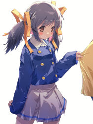 Rule 34 | 1girl, 1other, akayama yukihe, blue hair, blue shirt, brown eyes, buttons, child, clannad, commentary request, cowboy shot, double-breasted, highres, long hair, shirt, shirt tug, simple background, skirt, solo focus, standing, sunohara mei, sunohara youhei, twintails, white background, white skirt