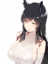 Rule 34 | 1girl, animal ears, atago (azur lane), atago (lily-white vow) (azur lane), azur lane, bare shoulders, black hair, breasts, chickentamago05, cleavage, closed mouth, detached sleeves, dress, extra ears, from above, highres, large breasts, long hair, mole, mole under eye, see-through, swept bangs, white dress