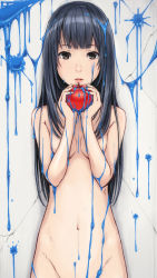 Rule 34 | 1girl, apple, black eyes, black hair, breasts, food, fruit, highres, kimagure blue, long hair, nude, original, out-of-frame censoring, small breasts, solo
