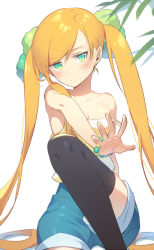 Rule 34 | 1girl, bad id, bad pixiv id, bare shoulders, black thighhighs, blush, bracelet, camisole, carchet, collarbone, green eyes, hair ornament, jewelry, jitome, long hair, looking at viewer, orange hair, original, outstretched arm, shorts, sitting, solo, spaghetti strap, strap slip, swept bangs, thighhighs, twintails, very long hair