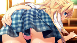 Rule 34 | 1girl, :d, ama koi syrups, arm support, ass, bent over, blonde hair, blue eyes, blue skirt, blush, chair, chalkboard, classroom, cowboy shot, eyebrows, foreshortening, from behind, hand on own ass, highres, indoors, lawes anastesia, long hair, open mouth, pan (mimi), panties, partially visible vulva, pink panties, plaid, plaid skirt, puffy short sleeves, puffy sleeves, school, shirt, short sleeves, skirt, smile, solo, sunlight, table, underwear, upskirt, very long hair, white shirt, window