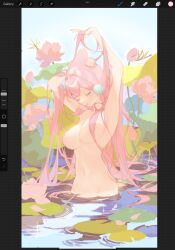 Rule 34 | 1girl, absurdres, closed eyes, flower, highres, lake, lotus, navel, nude, original, partially submerged, peachuu, pink hair, solo, unfinished