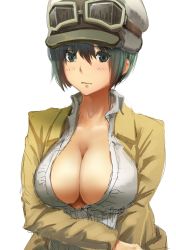 Rule 34 | 1girl, aged up, alternate breast size, breasts, brown jacket, cleavage, closed mouth, collared shirt, commentary request, eyewear on head, goggles, green eyes, green hair, hat, highres, jacket, kino (kino no tabi), kino no tabi, large breasts, long sleeves, looking at viewer, open clothes, open jacket, shirt, short hair, simple background, sketch, solo, taku (user nxgk7748), upper body, white background, white shirt