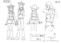 Rule 34 | 00s, 2girls, absurdres, ass, bare shoulders, blush stickers, bones (company), breasts, character sheet, close-up, elizabeth thompson, hat, highres, jacket, large breasts, long hair, looking at viewer, midriff, monochrome, multiple girls, navel, necktie, official art, patricia thompson, scan, short hair, shorts, siblings, sisters, sleeveless, sleeveless turtleneck, soul eater, translation request, turtleneck, white background, wide hips