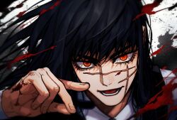 Rule 34 | 1girl, black background, black hair, blood, chainsaw man, collared shirt, grmms otk, hand up, long hair, looking at viewer, open mouth, orange eyes, portrait, scar, scar on face, shirt, smile, solo, v-shaped eyebrows, white background, white shirt, yoru (chainsaw man)