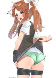 Rule 34 | 1girl, ass, assisted exposure, bike shorts, blush, brown hair, clothes pull, disembodied limb, embarrassed, fingerless gloves, gloves, green ribbon, grey vest, hair ribbon, highres, kagerou (kancolle), kagerou kai ni (kancolle), kantai collection, looking at another, looking back, makiyuki, neck ribbon, open mouth, panties, purple eyes, ribbon, school uniform, shirt, short sleeves, shorts, shorts pull, shorts under skirt, skirt, twintails, underwear, vest, white gloves, white ribbon, white shirt, yellow ribbon