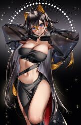 Rule 34 | 1girl, alternate costume, artist name, black background, black hair, black skirt, blue eyes, blush, breasts, brown hair, cleavage, closed mouth, crossed bangs, dehya (genshin impact), genshin impact, hands up, highres, large breasts, long hair, long sleeves, looking at viewer, multicolored hair, navel, ringeko-chan, see-through, skirt, solo, strapless, thighs, tube top, two-tone hair