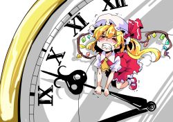 Rule 34 | 1girl, ascot, blonde hair, clock, crystal, closed eyes, flandre scarlet, hat, hat ribbon, highres, mob cap, ribbon, roman numeral, shinapuu, side ponytail, simple background, solo, struggling, touhou, white background, wings
