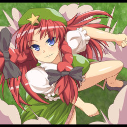 Rule 34 | 1girl, bad id, bad pixiv id, blue eyes, braid, chinese clothes, embodiment of scarlet devil, female focus, hat, hong meiling, long hair, red hair, sil, solo, supershiruco, touhou, twin braids