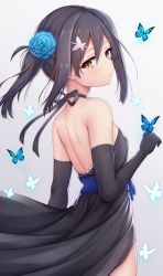 Rule 34 | arata (xin), back, bare shoulders, black dress, black gloves, black hair, breasts, brown eyes, bug, butterfly, commentary, dress, elbow gloves, fate/kaleid liner prisma illya, fate (series), flower, gloves, hair flower, hair ornament, hairclip, highres, insect, looking back, miyu edelfelt, ponytail, sidelocks, small breasts, solo
