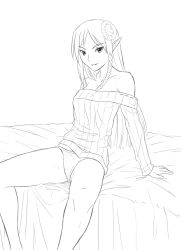 Rule 34 | 1girl, bare legs, bare shoulders, braid, breasts, elf, flower, greyscale, hair flower, hair ornament, jiffic, long hair, looking at viewer, monochrome, off-shoulder, off-shoulder sweater, off shoulder, on bed, panties, pantyshot, pointy ears, ribbed sweater, sako rk 95 (upotte!!), side braid, simple background, single braid, sitting, small breasts, smile, solo, sweater, underwear, upotte!!, white background