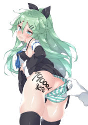 Rule 34 | 10s, 1girl, ass, bad id, bad twitter id, black thighhighs, blue eyes, blush, body writing, breasts, clothes lift, clothing aside, crying, crying with eyes open, detached sleeves, ebifurya, from below, gloves, green hair, hair between eyes, hair ornament, hairclip, half updo, highres, inactive account, kantai collection, long hair, panties, panties aside, sailor collar, sideboob, simple background, skirt, skirt lift, small breasts, solo focus, strap slip, striped clothes, striped panties, tears, thighhighs, underwear, wavy mouth, white background, white gloves, yamakaze (kancolle)