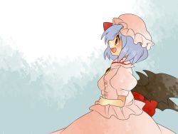 Rule 34 | 1girl, bad id, bad pixiv id, bow, brooch, comic, dress, female focus, gradient background, hammer (sunset beach), hand on own stomach, hat, jewelry, large bow, light purple hair, open mouth, profile, red eyes, remilia scarlet, short hair, silent comic, smile, solo, touhou, wings