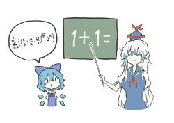 Rule 34 | 2girls, blue bow, blue dress, blue hair, blue ribbon, bow, chalk, chalkboard, cirno, closed eyes, collared dress, deetamu, dress, equation, hair bow, hat, highres, ice, ice wings, kamishirasawa keine, large bow, long hair, math, multicolored hair, multiple girls, neckerchief, open mouth, puffy short sleeves, puffy sleeves, red neckerchief, red ribbon, ribbon, school, short hair, short sleeves, sidelocks, silver hair, simple background, skirt, smile, teacher, tokin hat, touhou, two-tone hair, white background, white skirt, wings
