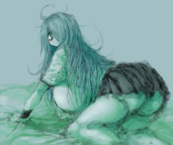 Rule 34 | 1girl, 2b-ge, ahoge, all fours, ass, bags under eyes, blush, breasts, chestnut mouth, gigantic breasts, green hair, green shirt, hair over one eye, long sleeves, looking at viewer, looking back, mei (2b-ge), no nose, original, panties, school uniform, shirt, simple background, skirt, thick thighs, thighs, underwear