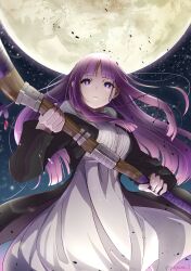 Rule 34 | 1girl, absurdres, artist name, black robe, blunt bangs, breasts, bright pupils, closed mouth, commentary request, dress, facing viewer, fern (sousou no frieren), floating hair, highres, holding, holding staff, large breasts, long hair, long sleeves, mage staff, moon, payano i, purple eyes, purple hair, robe, solo, sousou no frieren, staff, white dress