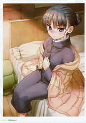 Rule 34 | 1girl, absurdres, bed sheet, black dress, black hair, blush, brown eyes, closed mouth, coat, dress, elsa schtingheim, freckles, frown, hair bun, highres, jewelry, koume keito, long dress, necklace, off shoulder, official art, on bed, open clothes, open coat, page number, scan, short hair, single hair bun, sitting, solo, spice and wolf