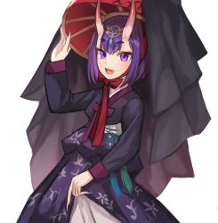 Rule 34 | 1girl, blush, bob cut, breasts, eyeliner, fate/grand order, fate (series), hanbok, headpiece, highres, horns, korean clothes, long sleeves, looking at viewer, makeup, oni, open mouth, purple eyes, purple hair, short hair, shuten douji (fate), skin-covered horns, small breasts, smile, solo, sookmo