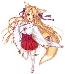 Rule 34 | 1girl, akashi15, akashi (akashimichi), animal ears, blonde hair, braid, breasts, cleavage, fang, fox ears, fox tail, full body, hair ribbon, hairdressing, highres, japanese clothes, long hair, looking at viewer, miko, navel, open mouth, orange eyes, original, ribbon, ribbon-trimmed legwear, ribbon-trimmed sleeves, ribbon trim, sandals, side braid, skirt, smile, solo, tail, thighhighs, twin braids, twintails