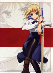 Rule 34 | 00s, 1girl, absurdres, ahoge, artoria pendragon (fate), blonde hair, boots, fate/stay night, fate (series), fujii maki, green eyes, highres, pantyhose, saber (fate), solo, sword, weapon, zoom layer