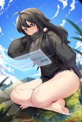 Rule 34 | 1girl, animal, animal on shoulder, arm behind head, bare legs, barefoot, bird, bird on shoulder, black eyes, black hair, black kimono, blue sky, blush, breasts, closed mouth, cloud, commentary, crossed legs, day, full body, grass, hair between eyes, hand up, highres, holographic interface, japanese clothes, kimono, korean text, long hair, long sleeves, medium breasts, mendou kusai, obi, original, outdoors, rock, sash, short kimono, sitting, sky, solo, translation request