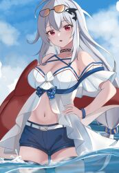 Rule 34 | 1girl, :o, absurdres, arknights, bare shoulders, belt, black choker, blue shorts, blue sky, breasts, choker, cleavage, cloud, commentary, cowboy shot, day, eyewear on head, grey hair, hand on own hip, highres, large breasts, long hair, navel, no headwear, off-shoulder shirt, off shoulder, ooarai school uniform, orca hair ornament, red eyes, school uniform, shirt, short shorts, short sleeves, shorts, skadi (arknights), skadi (waverider) (arknights), sky, solo, standing, stomach, sunglasses, thigh strap, thighs, very long hair, wading, water, white belt, white shirt, zerosama (sailuojiang)