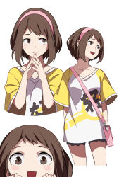 Rule 34 | 10s, 1girl, :d, alternate costume, bag, blouse, blush, blush stickers, boku no hero academia, breasts, brown eyes, brown hair, casual, collarbone, fingers together, hairband, handbag, highres, multiple views, open mouth, oversized clothes, oversized shirt, shi er xian, shirt, short sleeves, shorts, simple background, smile, solo focus, steepled fingers, t-shirt, uraraka ochako, white background, white shirt, yellow shirt