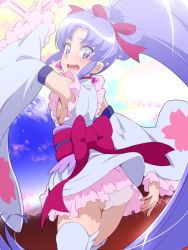 Rule 34 | 10s, 1girl, alternate form, armpits, ass, boots, bow-shaped hair, breasts, cure fortune, cure fortune (anmitsu komachi), detached sleeves, earrings, embarrassed, eyelashes, happinesscharge precure!, hikawa iona, japanese clothes, jewelry, long hair, looking down, magical girl, open mouth, panties, pantyshot, pink skirt, ponytail, precure, purple eyes, purple hair, ribbon, sideboob, skirt, solo, thigh boots, thighhighs, tj-type1, underwear, upskirt, white panties, wide ponytail