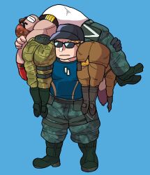 Rule 34 | 2boys, 2girls, absurdres, ass, bandana, bardothodol, blonde hair, camouflage, camouflage pants, carrying, carrying person, clark still, highres, leona heidern, military, multiple boys, multiple girls, pants, ralf jones, sunglasses, the king of fighters, whip (kof)