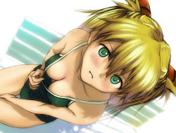 Rule 34 | 1girl, bare legs, blonde hair, blush, breasts, cameltoe, cleavage, competition school swimsuit, covered erect nipples, downblouse, extended downblouse, female focus, from above, green eyes, green one-piece swimsuit, grin, hair ornament, kobayashi yuji, looking at viewer, medium breasts, neon genesis evangelion, one-piece swimsuit, school swimsuit, sitting, smile, solo, souryuu asuka langley, swimsuit