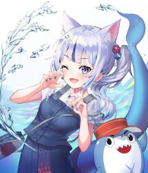 1girl ;d absurdres animal_ear_fluff animal_ears bloop_(gawr_gura) blue_eyes blue_hair blue_nails blue_sky blue_vest buttons cat_ears claw_pose dice_hair_ornament fangs fins fish_tail floating_hair gawr_gura gawr_gura_(casual) grey_hair hair_ornament hands_up hashtag-only_commentary hat highres hololive hololive_english kepi leaning_to_the_side light_blush lipton_(user_nfaw4242) long_hair looking_at_viewer military_hat multicolored_hair official_alternate_costume one_eye_closed open_mouth petite raised_eyebrows red_hat shark_tail sharp_teeth shirt side_ponytail sidelocks simple_background skirt skirt_set sky smile solo streaked_hair suspenders tail teeth two-tone_hair upper_teeth_only vest virtual_youtuber water waves waving white_background white_shirt