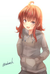 Rule 34 | 1girl, ahoge, arashi (kancolle), black eyes, clothes writing, commentary request, cowboy shot, gradient background, green background, hands in pockets, highres, hood, hooded sweater, hoodie, kamijou sadame, kantai collection, looking at viewer, medium hair, messy hair, one-hour drawing challenge, red hair, smile, solo, sweater, twitter username