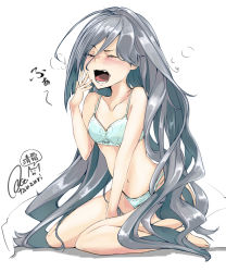 Rule 34 | 10s, 1girl, aqua bra, aqua panties, artist name, bra, character name, cinderella bust, closed eyes, fang, grey hair, hair down, kantai collection, kiyoshimo (kancolle), long hair, messy hair, navel, open mouth, panties, rizzl, seiza, simple background, sitting, solo, tears, underwear, underwear only, very long hair, wavy mouth, white background, yawning