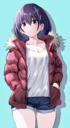 Rule 34 | 1girl, ayakashi triangle, commentary request, denim, denim shorts, down jacket, expressionless, hair ornament, hairclip, highres, jacket, kanade suzu, kurony (sirony), looking at viewer, purple eyes, purple hair, red jacket, shirt, short hair, shorts, simple background, sketch, solo, standing, white shirt