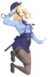 Rule 34 | 1girl, baton (weapon), blonde hair, blue necktie, blush, cuffs, gloves, handcuffs, hat, highres, looking at viewer, mishima kurone, necktie, open mouth, original, pantyhose, police, police hat, police uniform, policewoman, red eyes, salute, short hair, simple background, solo, twintails, uniform, weapon, white background, white gloves