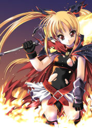 Rule 34 | 00s, 1girl, bardiche (nanoha), bardiche (zanber form) (nanoha), bare shoulders, belt, black gloves, blonde hair, bodysuit, buckle, cowboy shot, fate testarossa, fate testarossa (lightning form), fire, gloves, holding, holding weapon, looking at viewer, lyrical nanoha, mahou shoujo lyrical nanoha, mahou shoujo lyrical nanoha a&#039;s, nipples, ootori mahiro, ootori mahiru, over shoulder, red eyes, skin tight, skirt, solo, thighhighs, twintails, weapon, white skirt