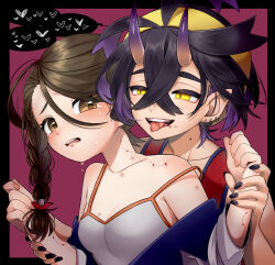 Rule 34 | 1boy, 1girl, alternate costume, bite mark, black hair, black nails, braid, brown eyes, brown hair, collarbone, colored inner hair, commentary request, creatures (company), crying, earrings, frown, game freak, grey shirt, hairband, heart, highres, holding another&#039;s wrist, horns, jacket, jewelry, juliana (pokemon), kieran (pokemon), kyouka. (kyouka), loose hair strand, multicolored hair, nail polish, nintendo, off shoulder, open mouth, pointy ears, pokemon, pokemon sv, purple background, red shirt, shirt, sleeveless, sleeveless shirt, smile, spoken heart, strap slip, tank top, tears, teeth, tongue, tongue out, upper body, upper teeth only, w arms, yellow hairband