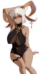 Rule 34 | 1girl, animal ears, arknights, arm up, armlet, armpits, bare shoulders, black one-piece swimsuit, breasts, carnelian (arknights), carnelian (shimmering dew) (arknights), casual one-piece swimsuit, cleavage, covered erect nipples, covered navel, dark-skinned female, dark skin, feet out of frame, goat ears, goat girl, goat horns, grey hair, highres, horn ornament, horns, invisible chair, jewelry, large breasts, looking at viewer, nail polish, necklace, one-piece swimsuit, parted lips, red eyes, red nails, sawaki ken, shaded face, short hair, sitting, solo, swimsuit, thighlet