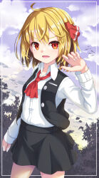 Rule 34 | 1girl, ahoge, ascot, black skirt, black vest, blonde hair, breasts, buttons, cloud, cloudy sky, collared shirt, commentary request, cowboy shot, day, dress shirt, fang, hair between eyes, hair ribbon, hand up, highres, long sleeves, looking at viewer, open clothes, open mouth, open vest, outdoors, purple sky, red ascot, red eyes, red ribbon, ribbon, rumia, shirt, short hair, skin fang, skirt, sky, small breasts, solo, touhou, uumaru, v-shaped eyebrows, vest, white shirt