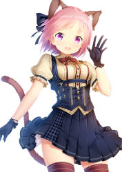 Rule 34 | 1girl, animal ears, black gloves, black thighhighs, blush, breasts, cat ears, cat tail, fang, frilled shirt, frills, gloves, highres, looking at viewer, medium breasts, open mouth, original, parted bangs, pink hair, pleated skirt, puffy short sleeves, puffy sleeves, purple eyes, shirt, short hair, short sleeves, skirt, solo, tail, thighhighs, white background, zizi (zz22)