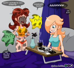 Rule 34 | 2girls, bed, blonde hair, blue eyes, breasts, brown hair, drinks, flipped hair, food, grin, hair over one eye, long hair, looking at another, luma (mario), mario (series), multiple girls, navel, nervous, nervous smile, nintendo, open mouth, panties, pillow, princess daisy, rosalina, sitting, smile, speech bubble, standing, talking, underwear