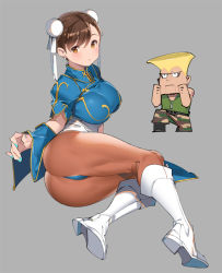 Rule 34 | 1boy, 1girl, ass, blonde hair, blush, boots, breasts, brown eyes, brown hair, camouflage, capcom, chibi, chinese clothes, chun-li, closed mouth, commentary request, dog tags, double bun, earrings, fingernails, full body, grey background, guile, hair bun, jewelry, knee boots, large breasts, looking at viewer, nail polish, pants, pantyhose, popqn, short sleeves, simple background, sitting, street fighter, tattoo, thighs, white footwear