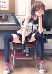 Rule 34 | 1girl, bad id, bad pixiv id, bare shoulders, brown eyes, brown hair, drawing tablet, fingerless gloves, glasses, gloves, head rest, highres, legs, long legs, original, painttool sai, recursion, rezi, shoes, sitting, sneakers, solo, thighhighs, wacom, zettai ryouiki