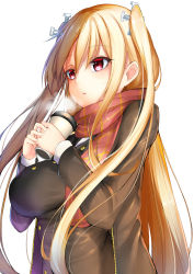 Rule 34 | 1girl, absurdres, black jacket, blonde hair, breasts, chixiao, commentary request, cup, disposable cup, hair between eyes, highres, holding, holding cup, jacket, large breasts, long hair, long sleeves, one side up, original, parted lips, pink scarf, plaid, plaid scarf, red eyes, scarf, simple background, solo, steam, very long hair, white background